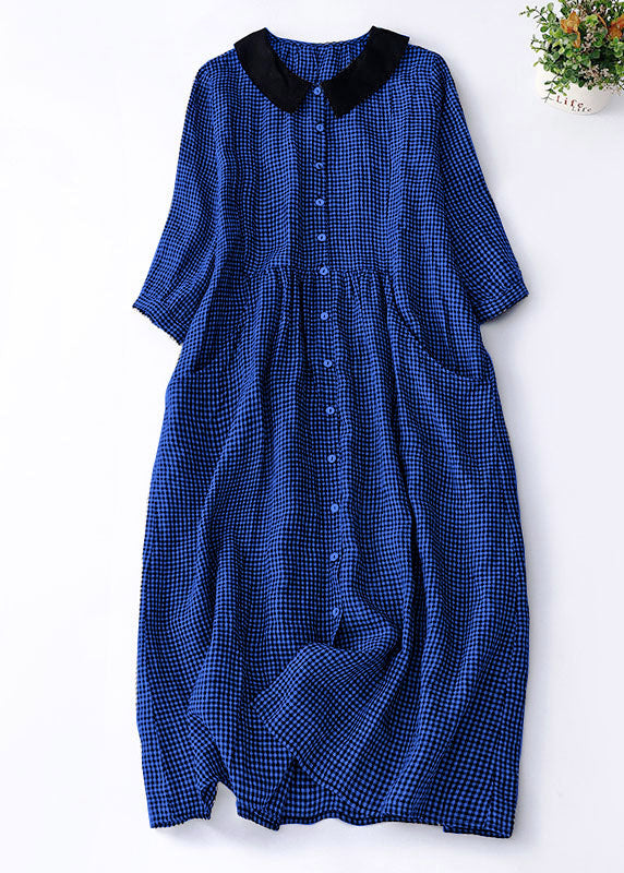 Organic Blue Plaid Peter Pan Collar Patchwork Linen Dresses Summer