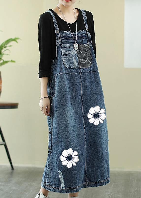 Vivid denim blue-white flowers tunic dress Slash neck Hole Maxi Dress