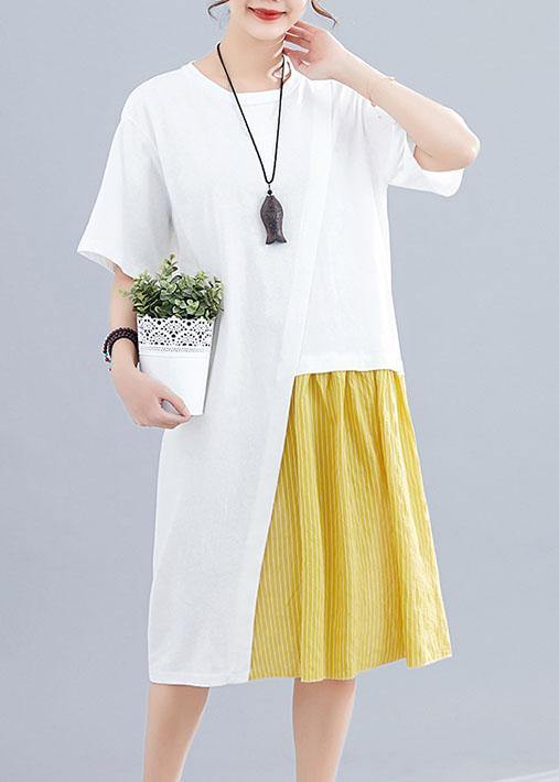 Women patchwork o neck linen dresses Sewing white Dresses summer