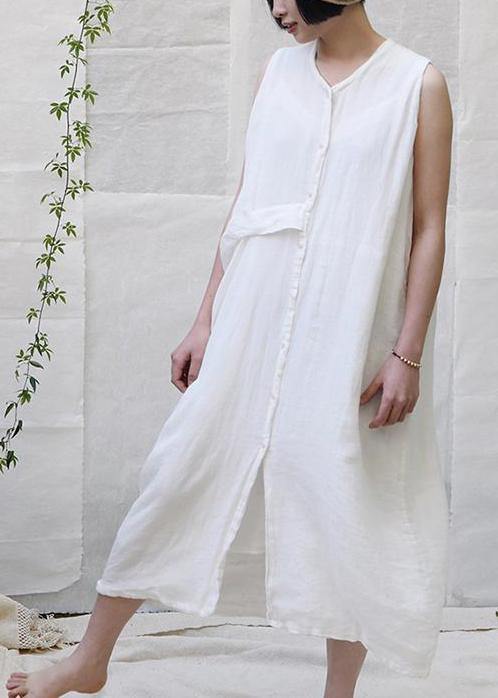 Classy linen dress Korea Pure Color Single Breasted Comfortable Sundress