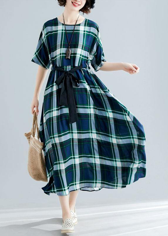 Women green plaid cotton Tunics tie waist cotton robes summer Dress