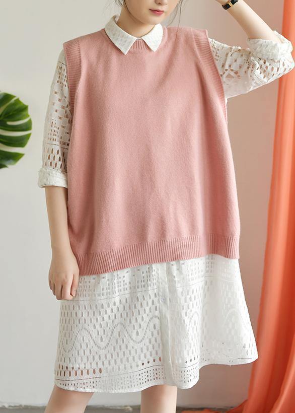 For Spring pink clothes plus size o neck knit tops low high design