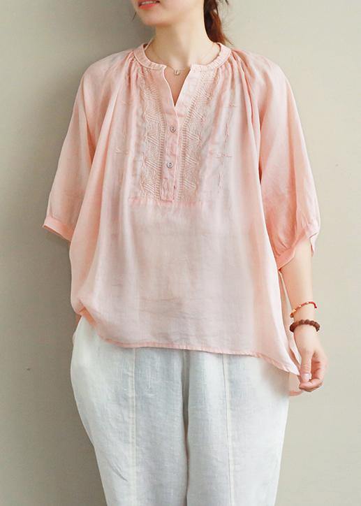 Simple v neck lantern sleeve linen top silhouette Fashion Ideas pink embroidery shirt