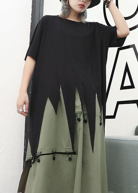 Bohemian asymmetric hem cotton Long Shirts design black o neck shirts summer