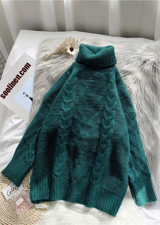 Chunky green knit blouse high neck thick oversize fall knit sweat tops