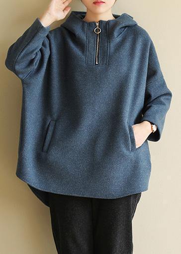 Italian blue cotton tunic pattern zippered loose hooded blouses