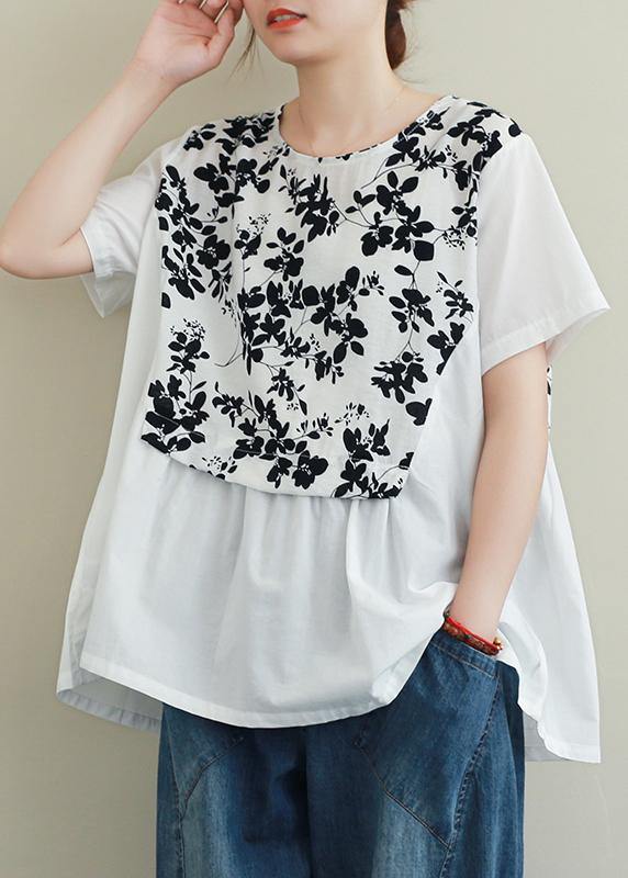 French black print cotton clothes For Women o neck patchwork Art blouses