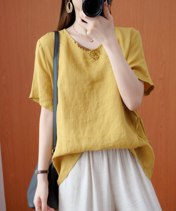 Natural v neck tie waist tops women blouses Christmas Gifts yellow embroidery shirts