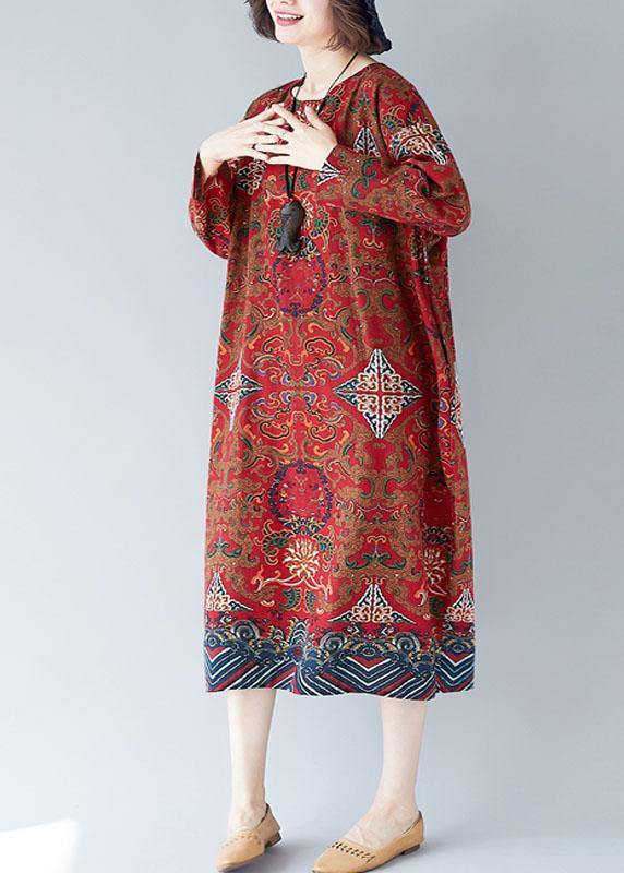 Women o neck pockets linen Robes Inspiration red print Dress