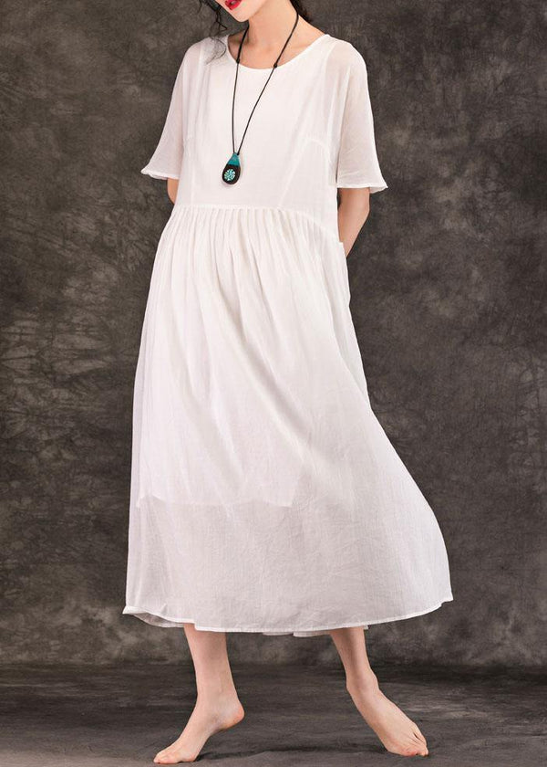 Women white linen Long Shirts o neck pockets patchwork Maxi summer Dress