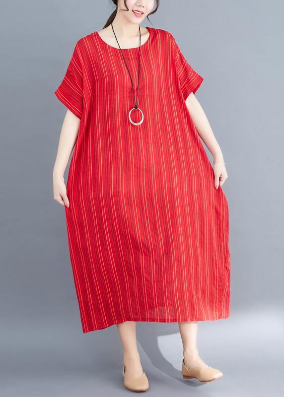 French red linen cotton dresses striped cotton summer Dress