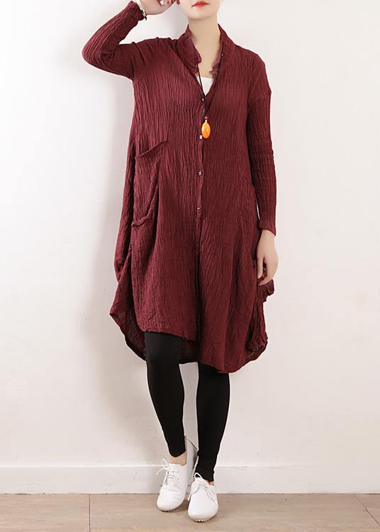 Style v neck asymmetric linen Robes Neckline burgundy Dress fall