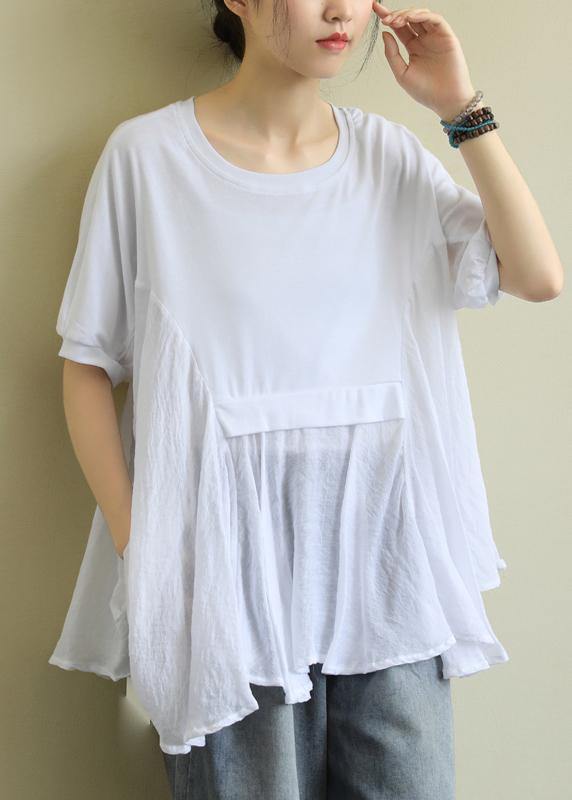 Chic o neck patchwork cotton summerLong Shirts Fabrics white tops