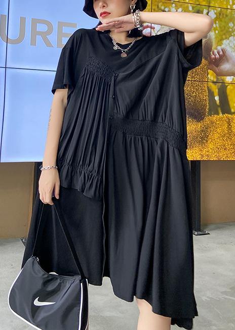 Women black Tunics o neck Cinched Maxi asymmetric Dress