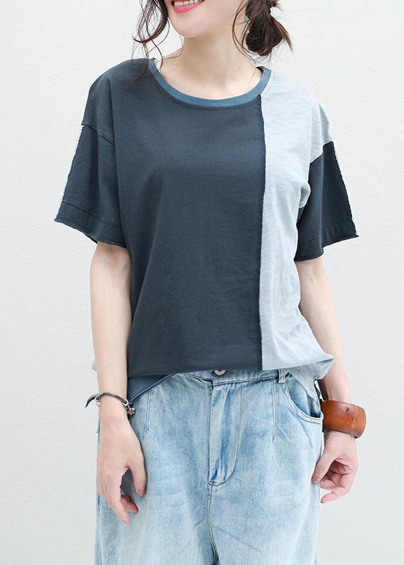 Classy patchwork cotton shirts women short sleeve o neck shirts