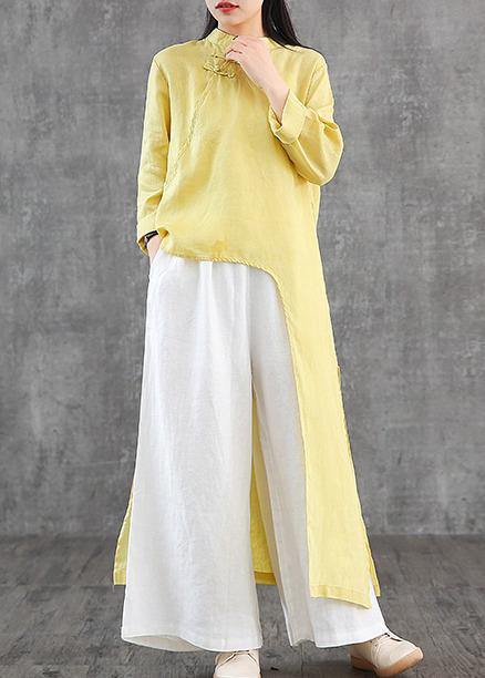 Women stand collar asymmetric linen Wardrobes Inspiration yellow Dress