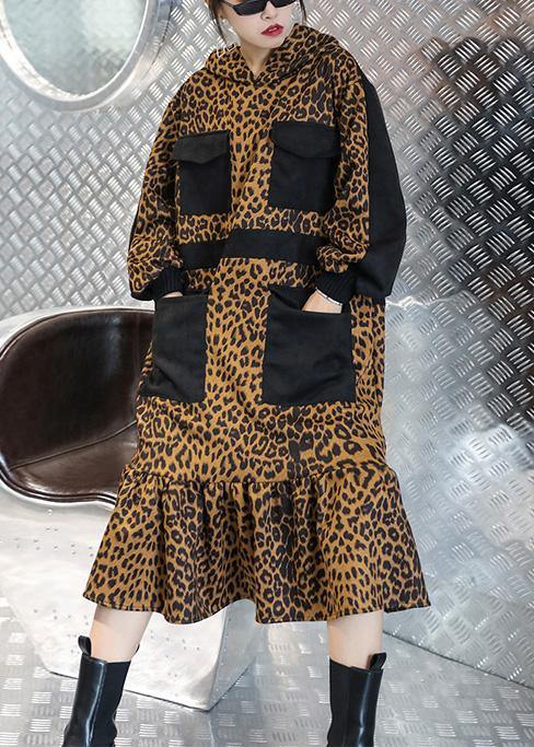 Italian hooded pockets clothes For Women Neckline Leopard Dresses