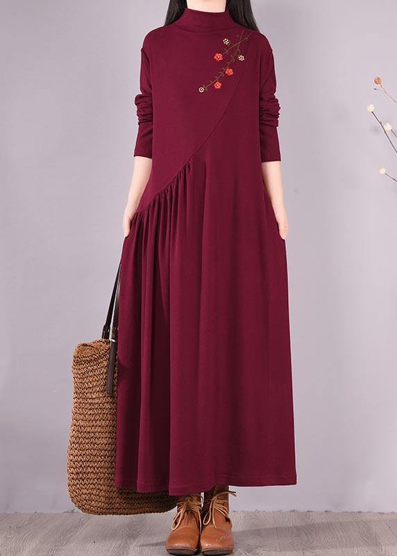 Vivid Burgundy Embroidery Tunic Pattern High Neck Cinched Spring Dress