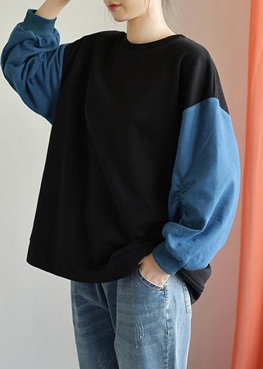 Modern o neck long sleeve cotton Shirts black patchwork blue blouse fall