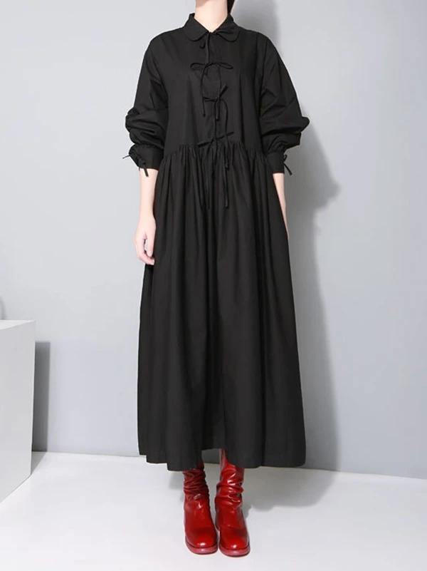 Bohemian lapel Cinched cotton spring outfit linen black A Line Dresses