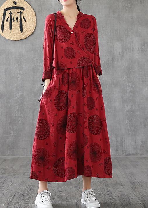 Women v neck patchwork cotton clothes red embroidery long Dresses