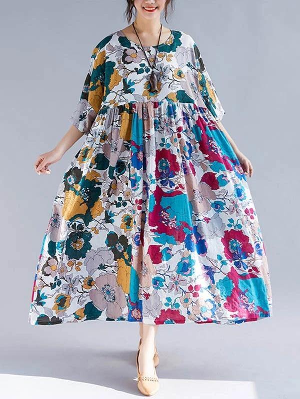 Natural floral cotton clothes Women o neck Cinched Maxi Dress