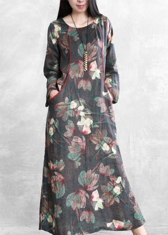 Beautiful floral linen dresses o neck pockets Maxi Dresses