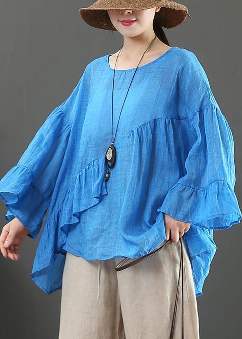 Modern o neck Ruffles linen summer clothes For Women Cotton blue tops