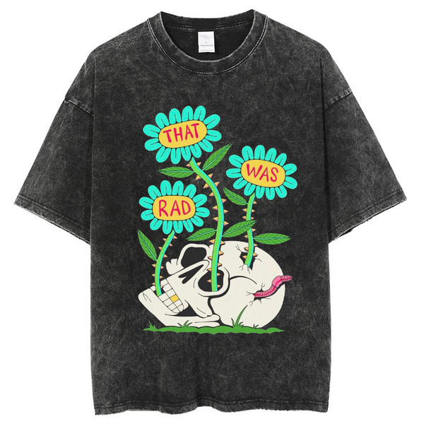 Unisex Skull Flower Letter Printed Retro Washed Short Sleeved T-Shirt