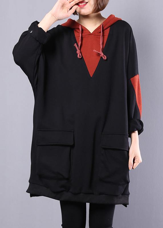 Art hooded cotton clothes For Women Work black patchwork blouse autumn