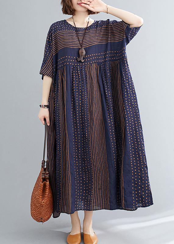 Style o neck Extra large hem cotton summer pattern Work blue striped loose Dress