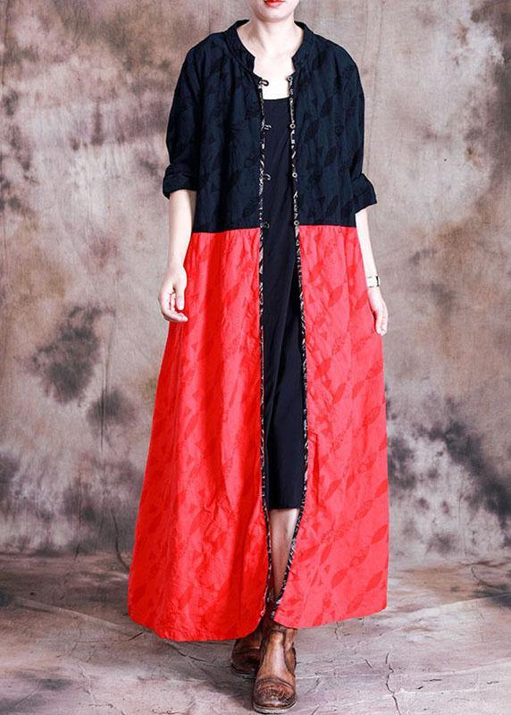 Elegant oversized long coat fall black patchwork red Jacquard pockets overcoat