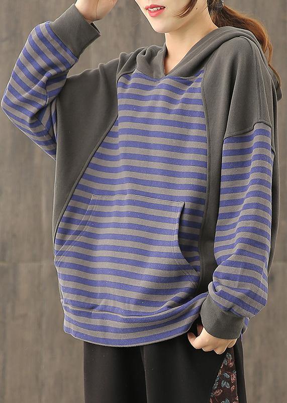 Loose hooded patchwork top Neckline blue striped tops