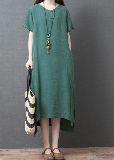 Chic o neck side open cotton dresses Sewing green Kaftan Dress summer