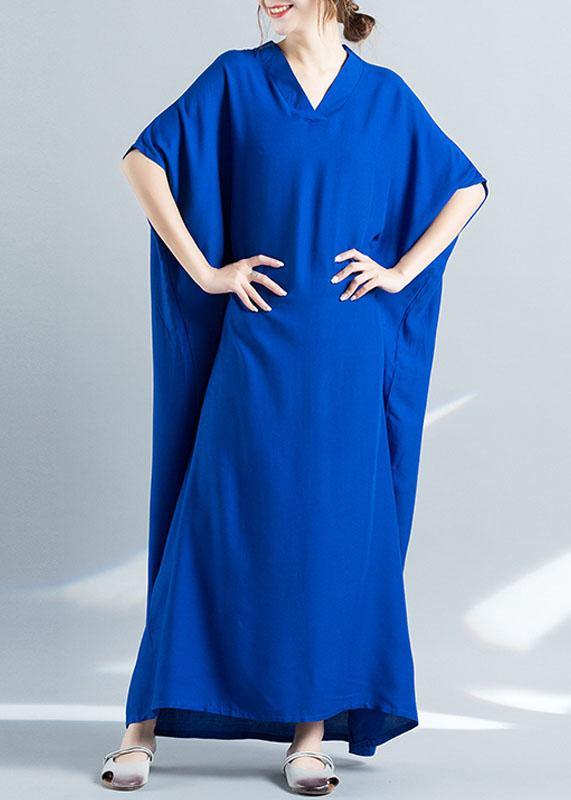 Elegant v neck baggy cotton summer clothes Women pattern blue loose Dress