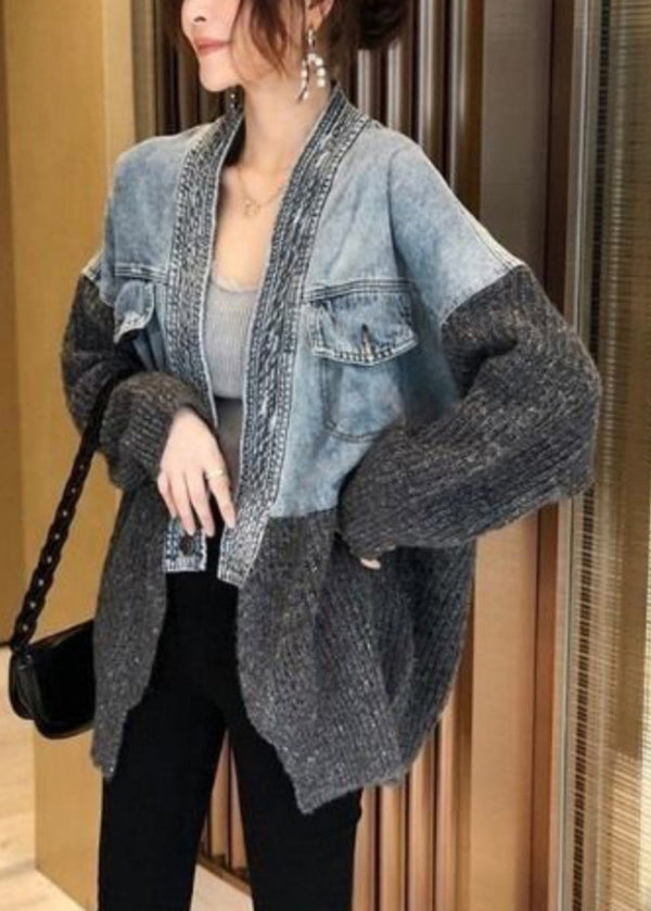 2023 Autumn Winter New Loose Fit Denim Spliced Knitted Cardigan Coat