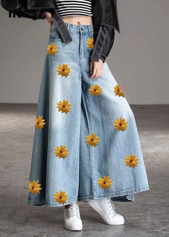 DIY Light Blue-chrysanthemum fashion Pockets Casual Wide Leg Fall Denim Pants