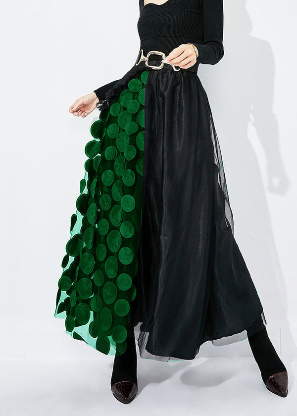 Chic Black-Green Dot Ruffled Patchwork Dot Tulle A Line Skirts Summer