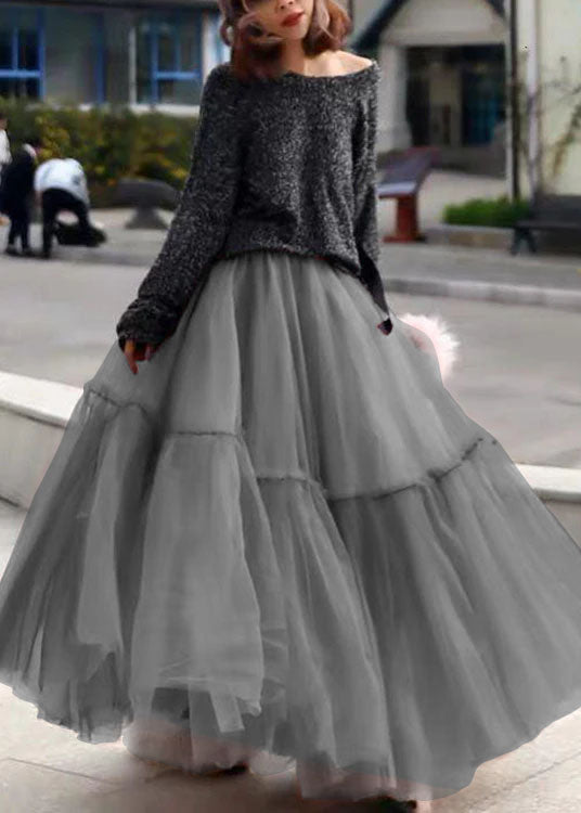 Women Grey Ruffled Tulle Cinched Circle Fall Skirt