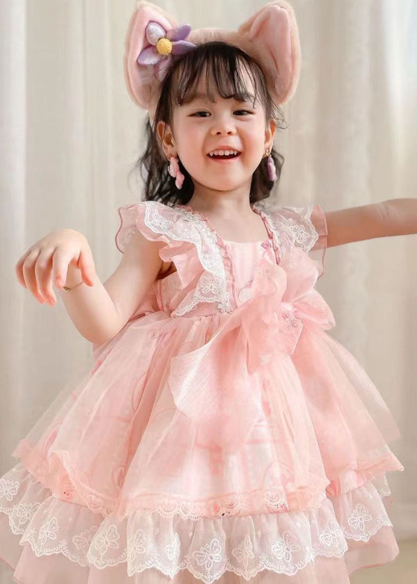 Unique Pink Ruffled Lace Cartoon Print Tulle Baby Girls Princess Dress Summer