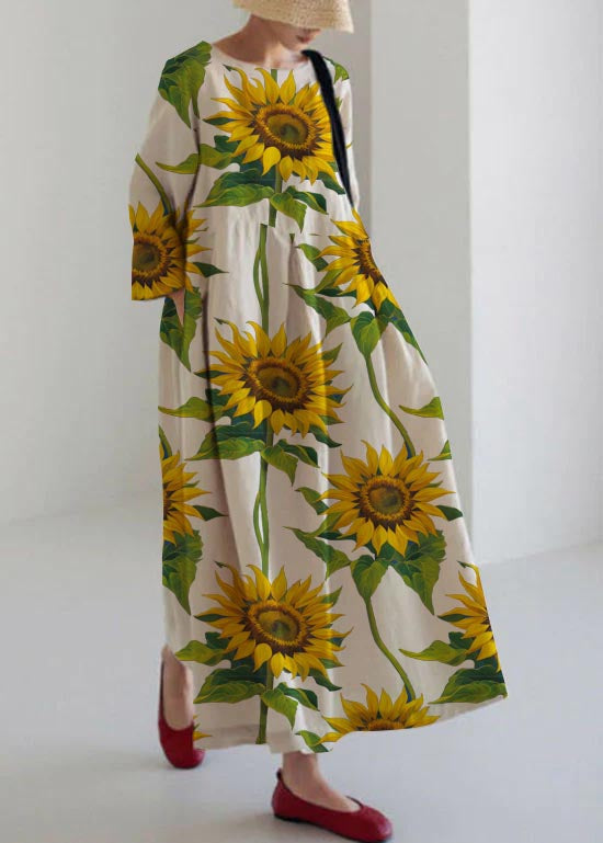 Apricot-sunflower Cotton Dresses Pockets Patchwork Spring