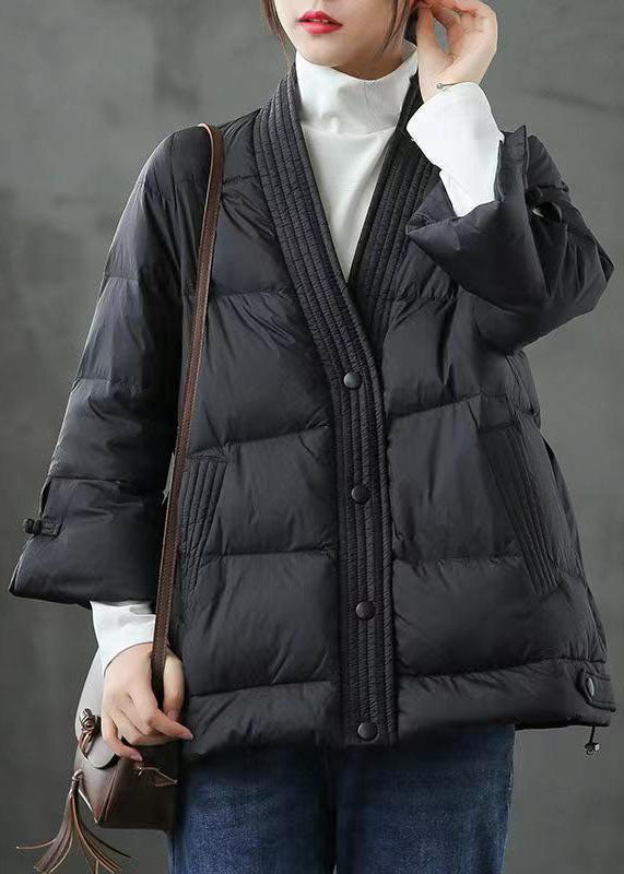 Black  V Neck Button Thick fashion Winter Duck Down Jackets