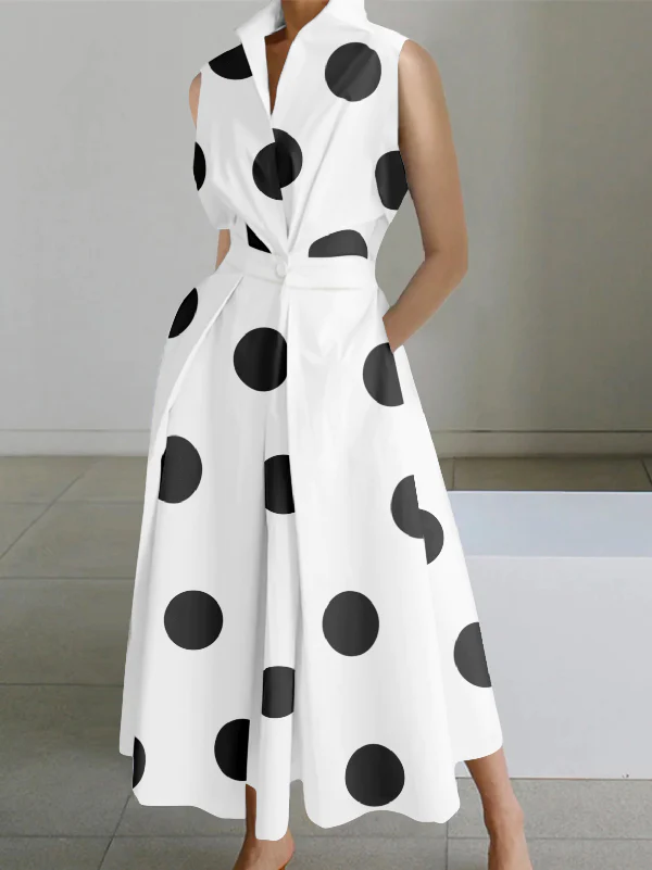 2022 White-big dots Peter Pan Collar Pockets Cotton Dress Long Sleeve