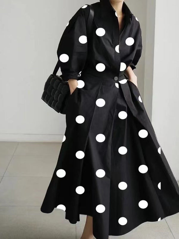 2022 Black dot Peter Pan Collar Pockets Cotton Dress Long Sleeve