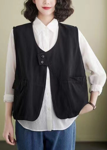 French Black Pockets Patchwork Cotton Vest Sleeveless