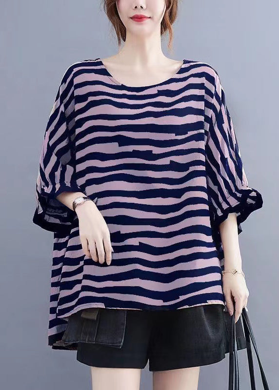 Boutique purple Striped Asymmetrical Patchwork Cotton Top Short Sleeve