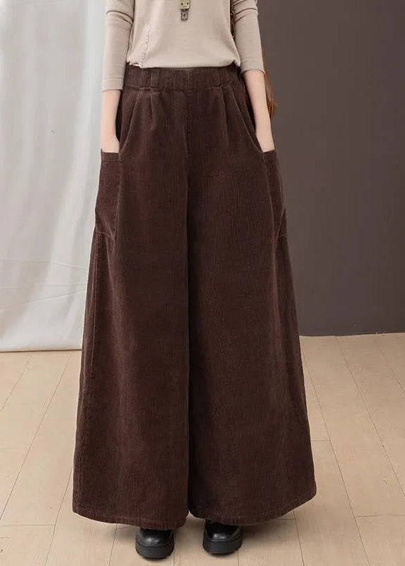 2024 New Brown Pockets Corduroy Warm Fleece Wide Leg Pants Winter