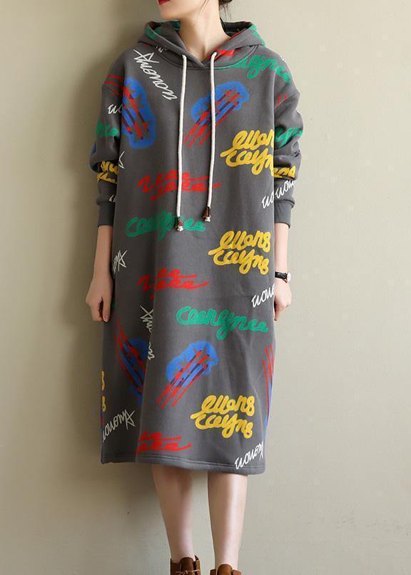 Women gray prints cotton Tunic warm Robe hooded Dress