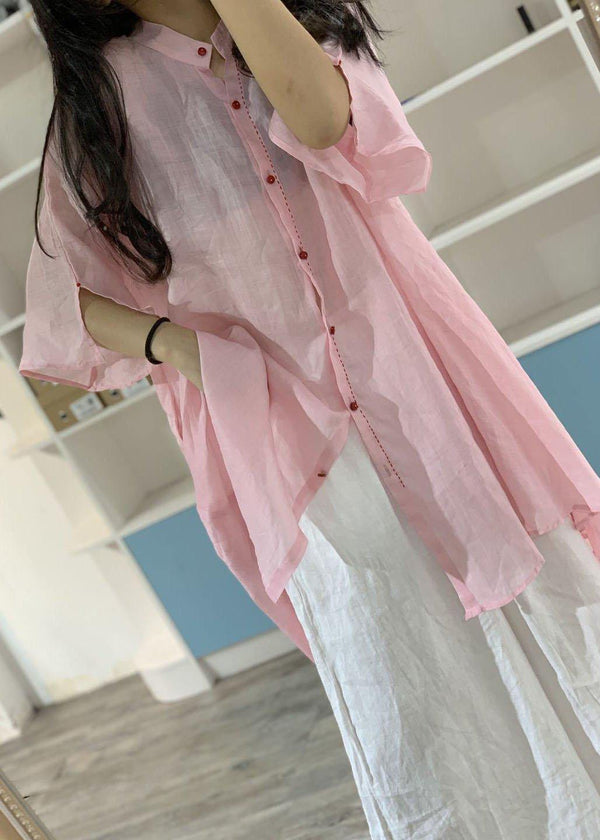 Women asymmetric hem linen clothes Christmas Gifts pink stand collar shirt Dresses