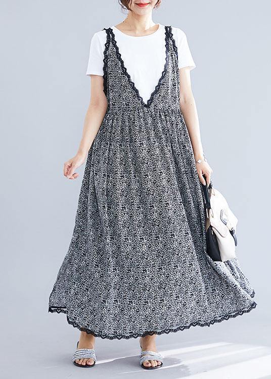 100% black floral v neck chiffon quilting dresses lace ruffles Maxi summer Dress